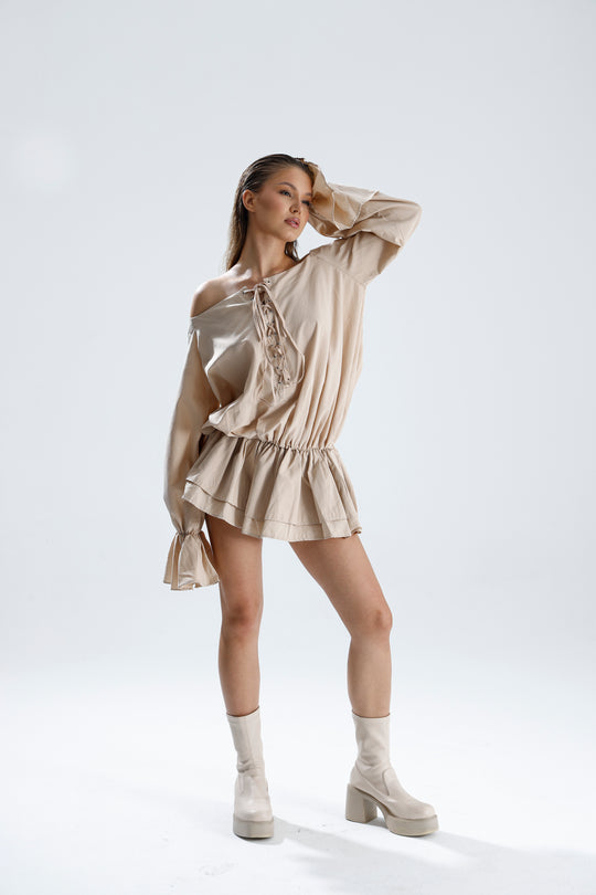 Routines Off Shoulder Ruffle Dress - Taupe 2410 - ROUTINES