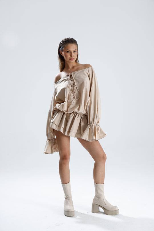 Routines Off Shoulder Ruffle Dress - Taupe 2410 - ROUTINES