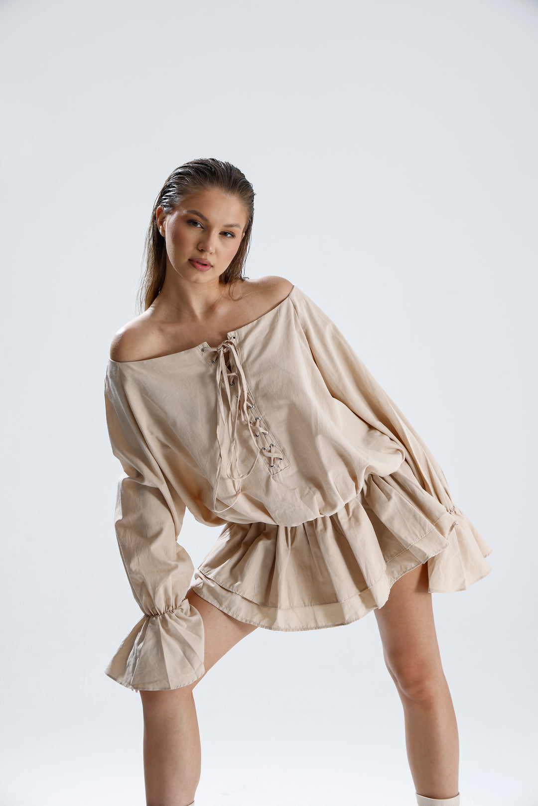 Routines Off Shoulder Ruffle Dress - Taupe 2410 - ROUTINES