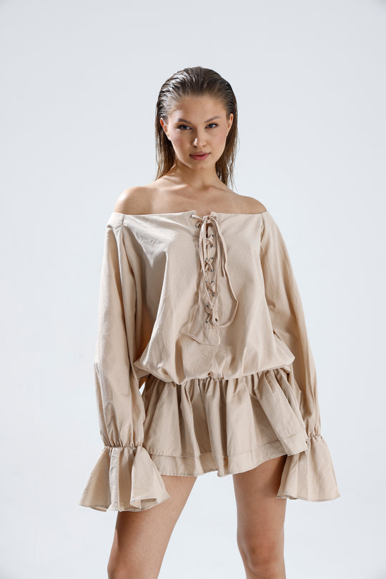 Routines Off Shoulder Ruffle Dress - Taupe 2410 - ROUTINES