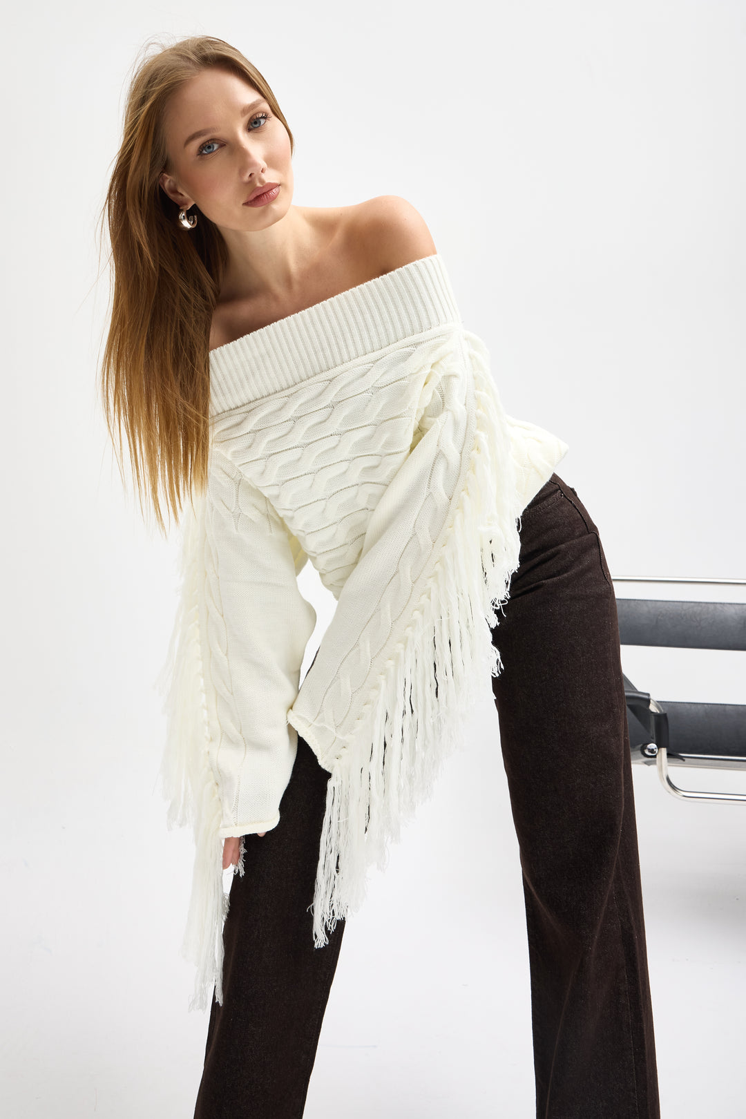 Routines Off shoulder Fringe Knit - Cream 1276 Knit Routines Fashion