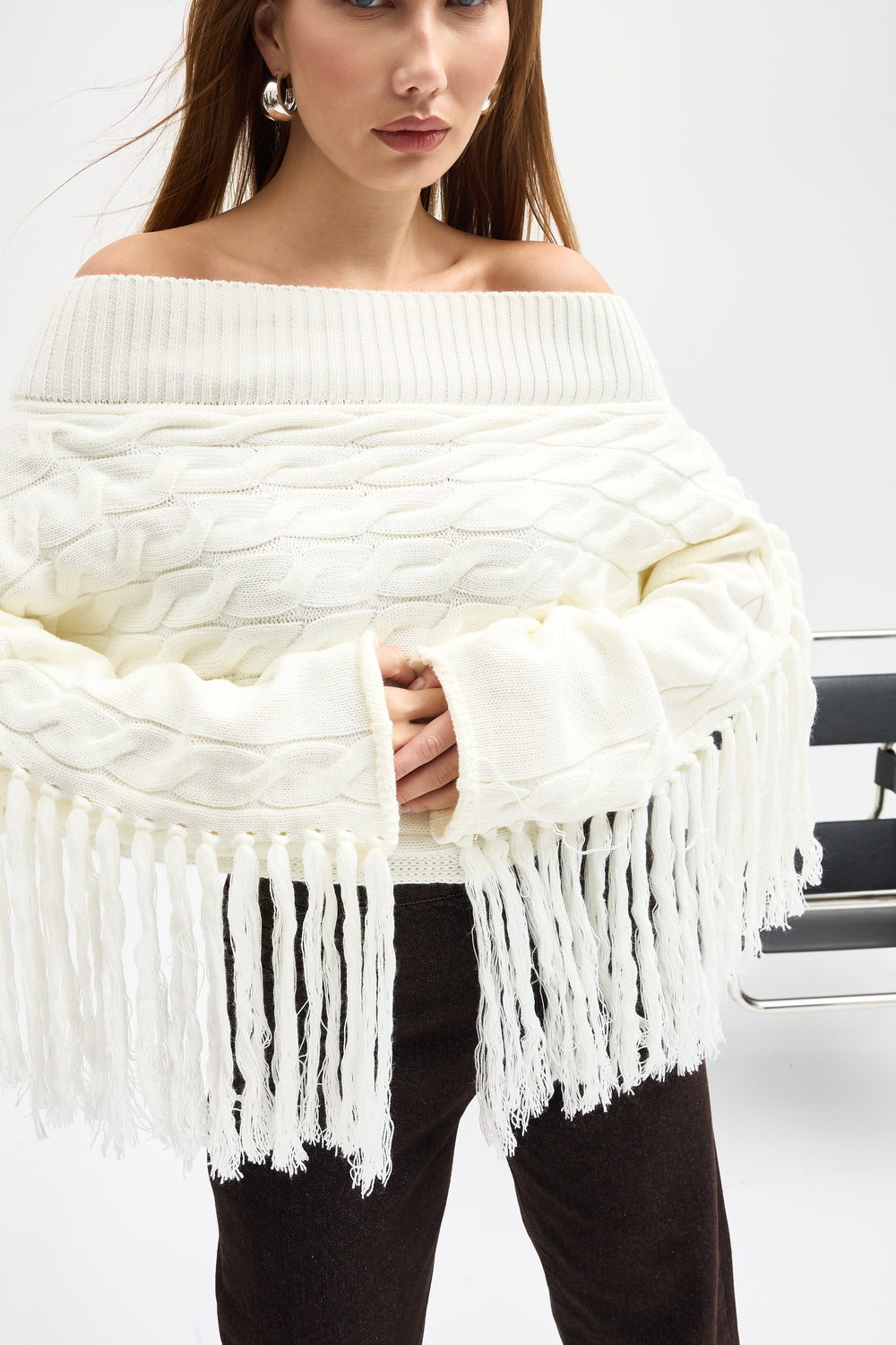 Routines Off shoulder Fringe Knit - Cream 1276 Knit Routines Fashion