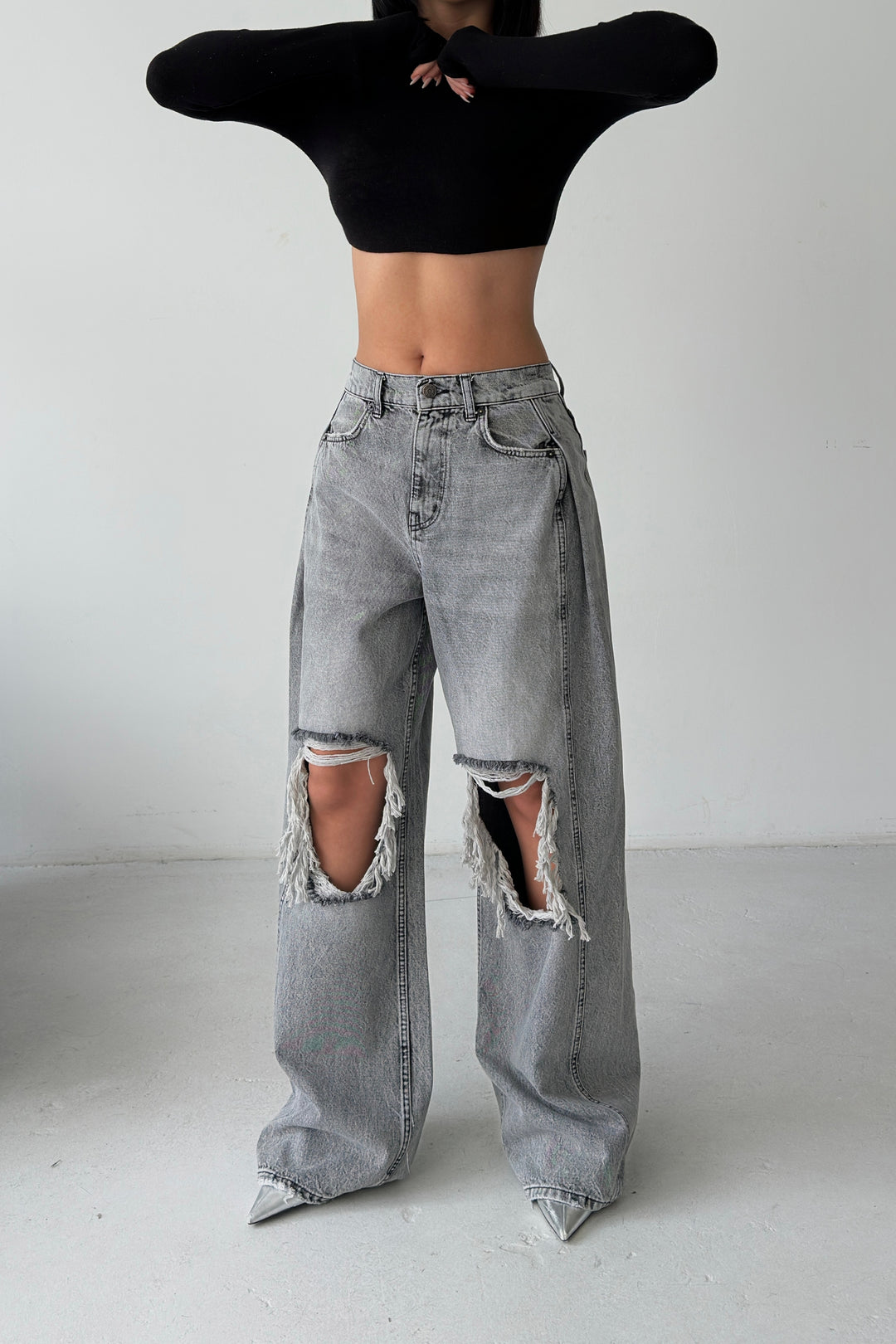 Routines Overlay Waist Ripped Jeans - Grey 1207-12 Jeans Routines Fashion