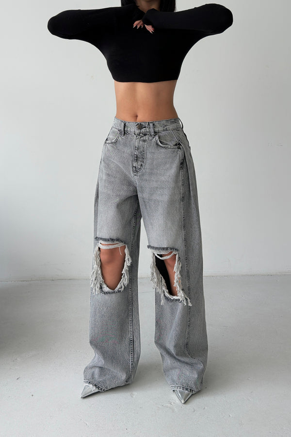 Routines Overlay Waist Ripped Jeans - Grey 1207-12 Jeans Routines Fashion