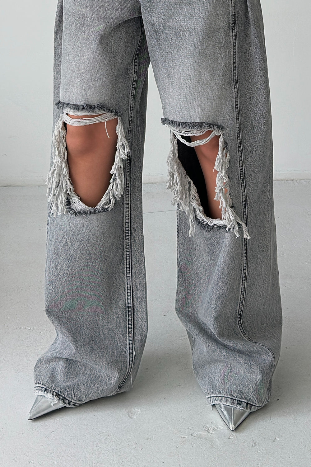 Routines Overlay Waist Ripped Jeans - Grey 1207-12 Jeans Routines Fashion