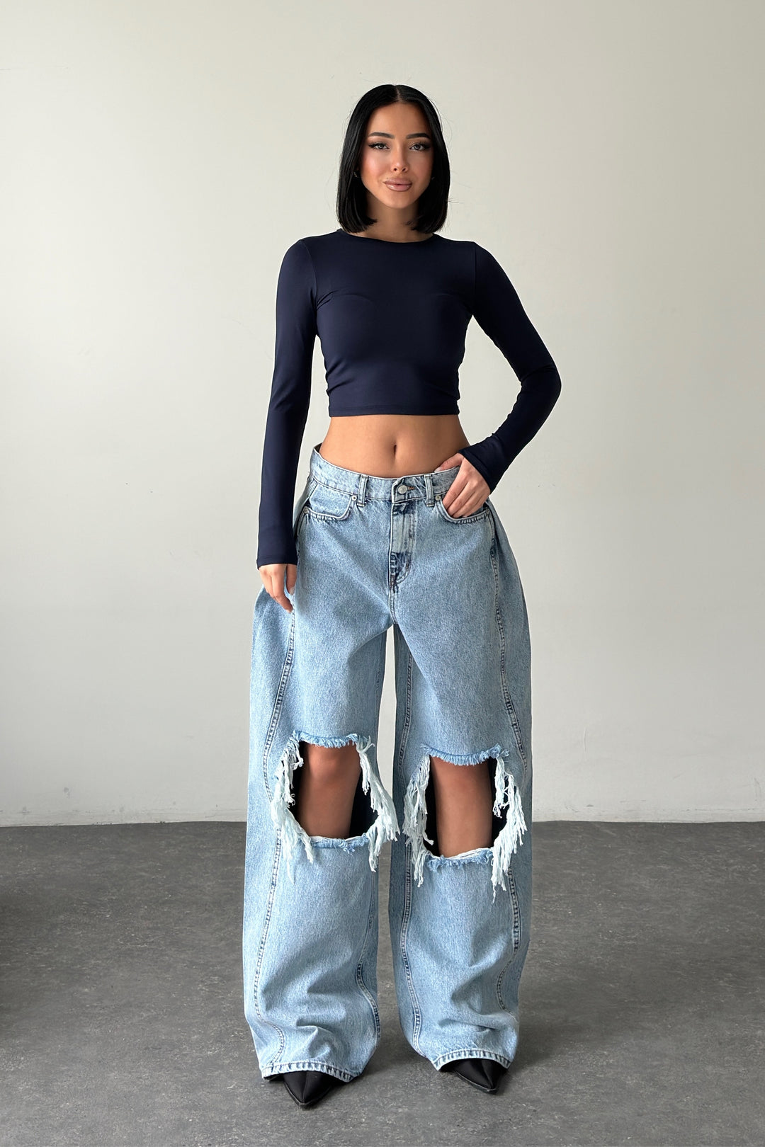 Routines Overlay Waist Ripped Jeans - Light Blue 1207-13