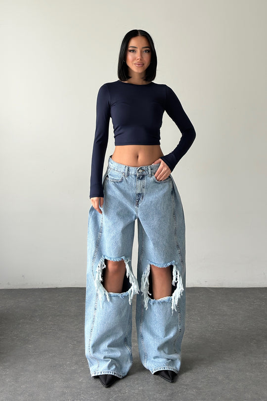 Routines Overlay Waist Ripped Jeans - Light Blue 1207-13