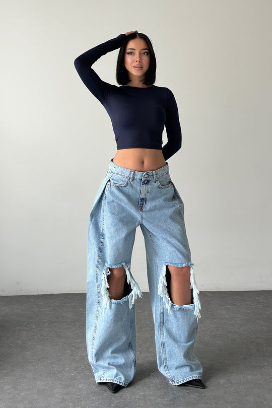Routines Overlay Waist Ripped Jeans - Light Blue 1207-13