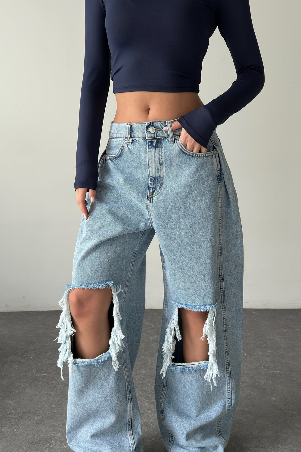 Routines Overlay Waist Ripped Jeans - Light Blue 1207-13