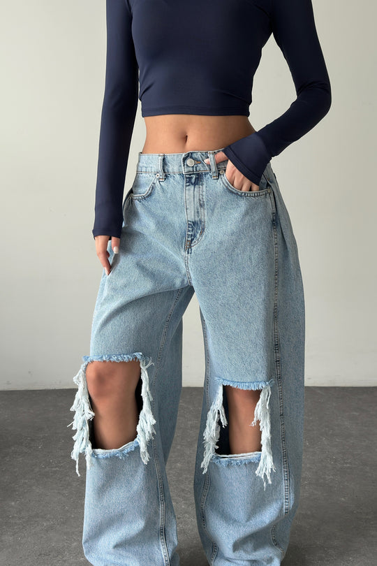 Routines Overlay Waist Ripped Jeans - Light Blue 1207-13