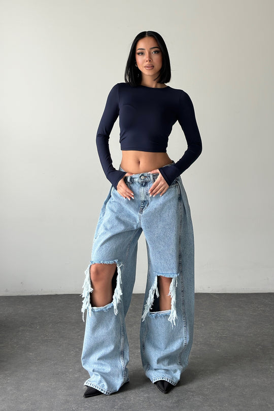 Routines Overlay Waist Ripped Jeans - Light Blue 1207-13