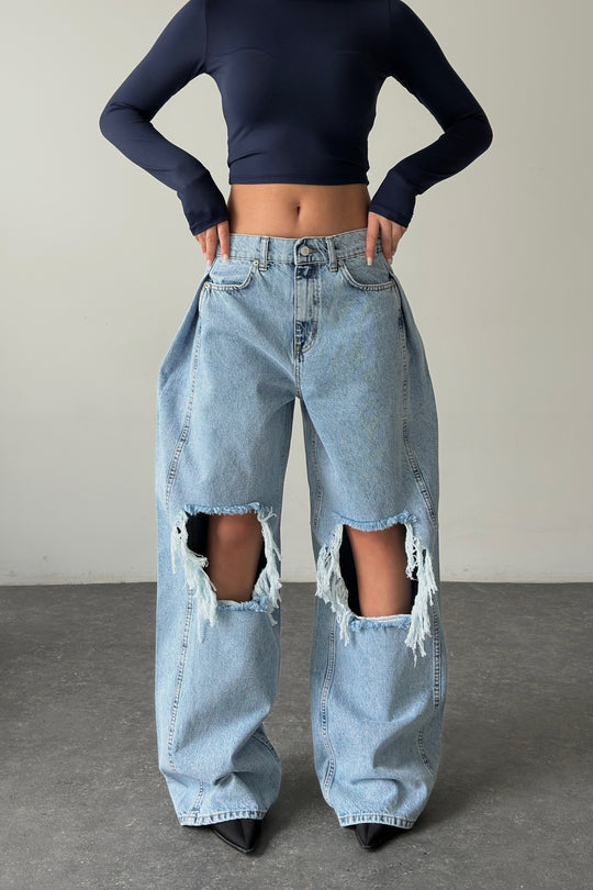 Routines Overlay Waist Ripped Jeans - Light Blue 1207-13