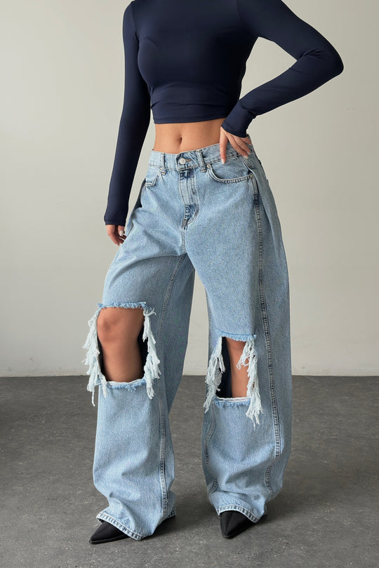 Routines Overlay Waist Ripped Jeans - Light Blue 1207-13