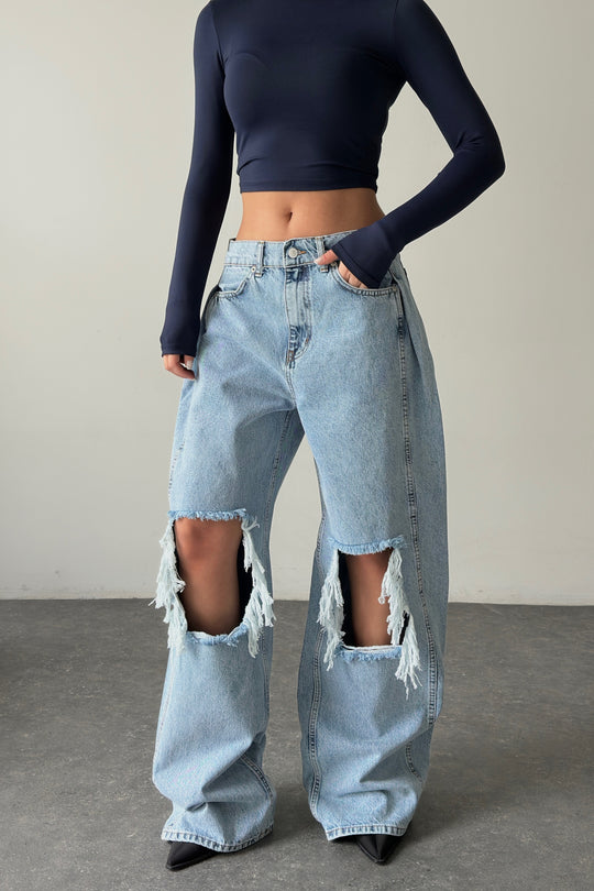 Routines Overlay Waist Ripped Jeans - Light Blue 1207-13
