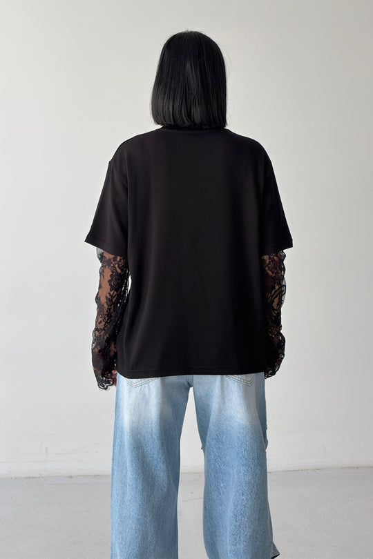 Routines Oversized Lace Sleeve T-shirt - Black 2679 - ROUTINES