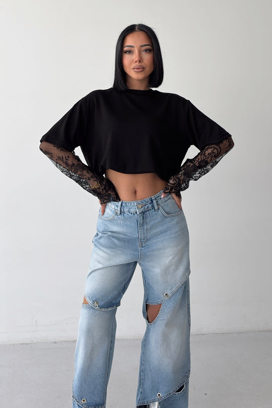 Routines Oversized Lace Sleeve T-shirt - Black 2679 - ROUTINES