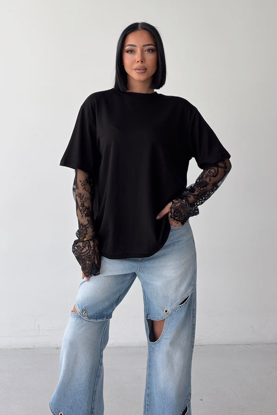Routines Oversized Lace Sleeve T-shirt - Black 2679 - ROUTINES