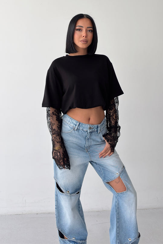 Routines Oversized Lace Sleeve T-shirt - Black 2679 - ROUTINES