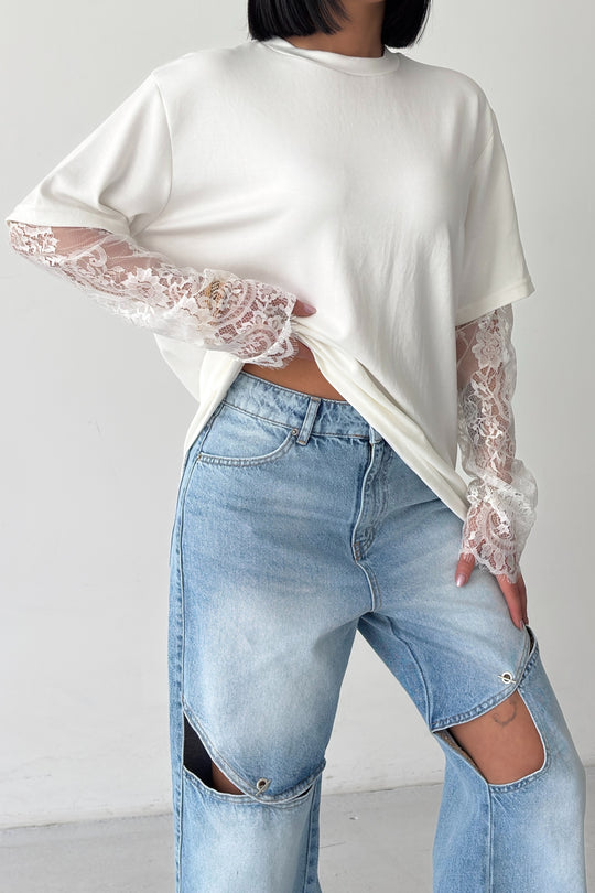 Routines Oversized Lace Sleeve T-shirt - White 2679 - ROUTINES