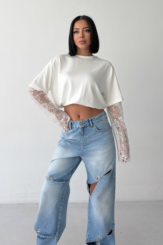 Routines Oversized Lace Sleeve T-shirt - White 2679 - ROUTINES