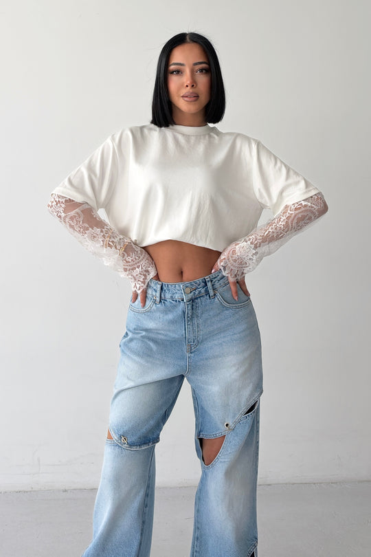 Routines Oversized Lace Sleeve T-shirt - White 2679 - ROUTINES