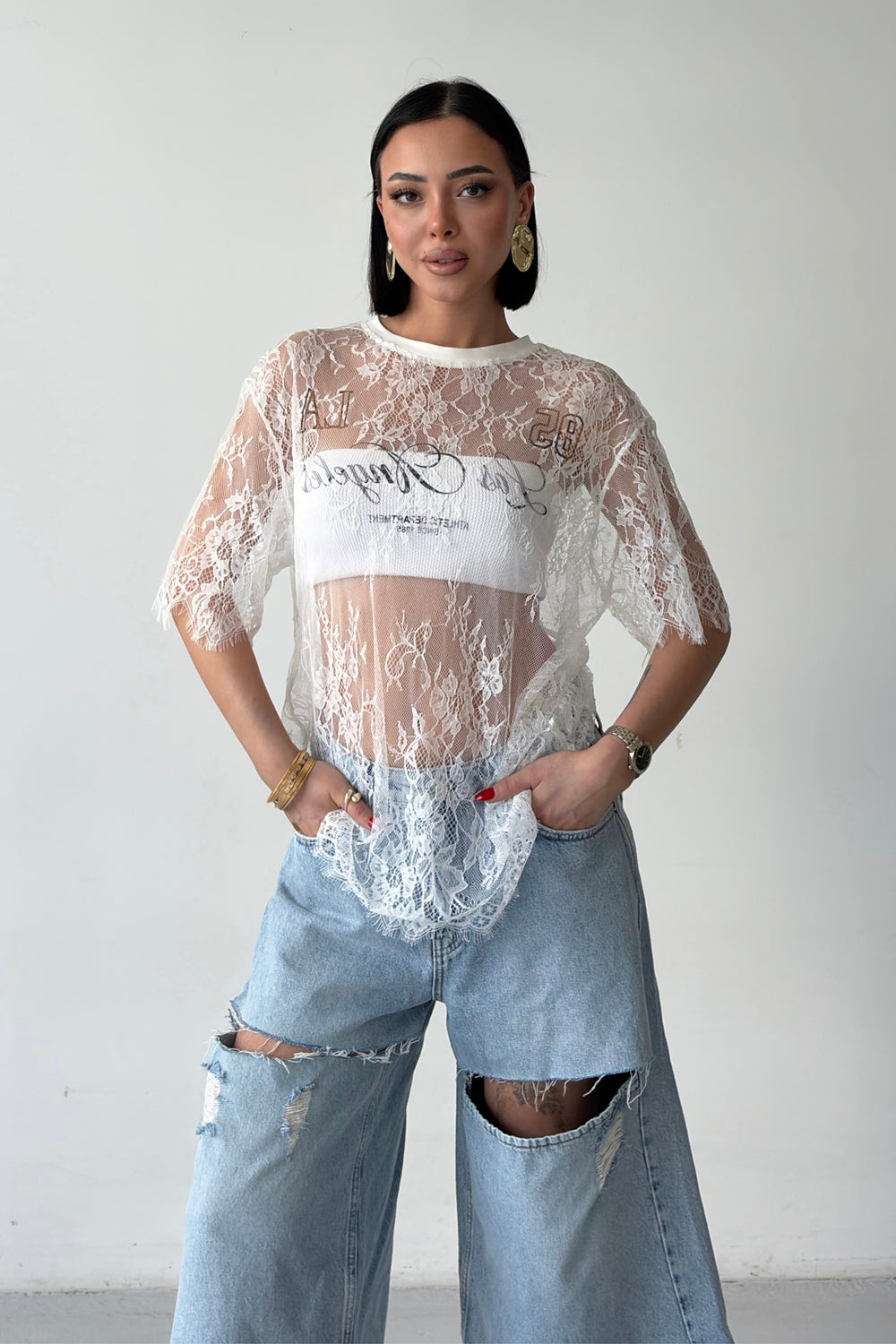 Routines Oversized Lace T-shirt - White 1098 - ROUTINES