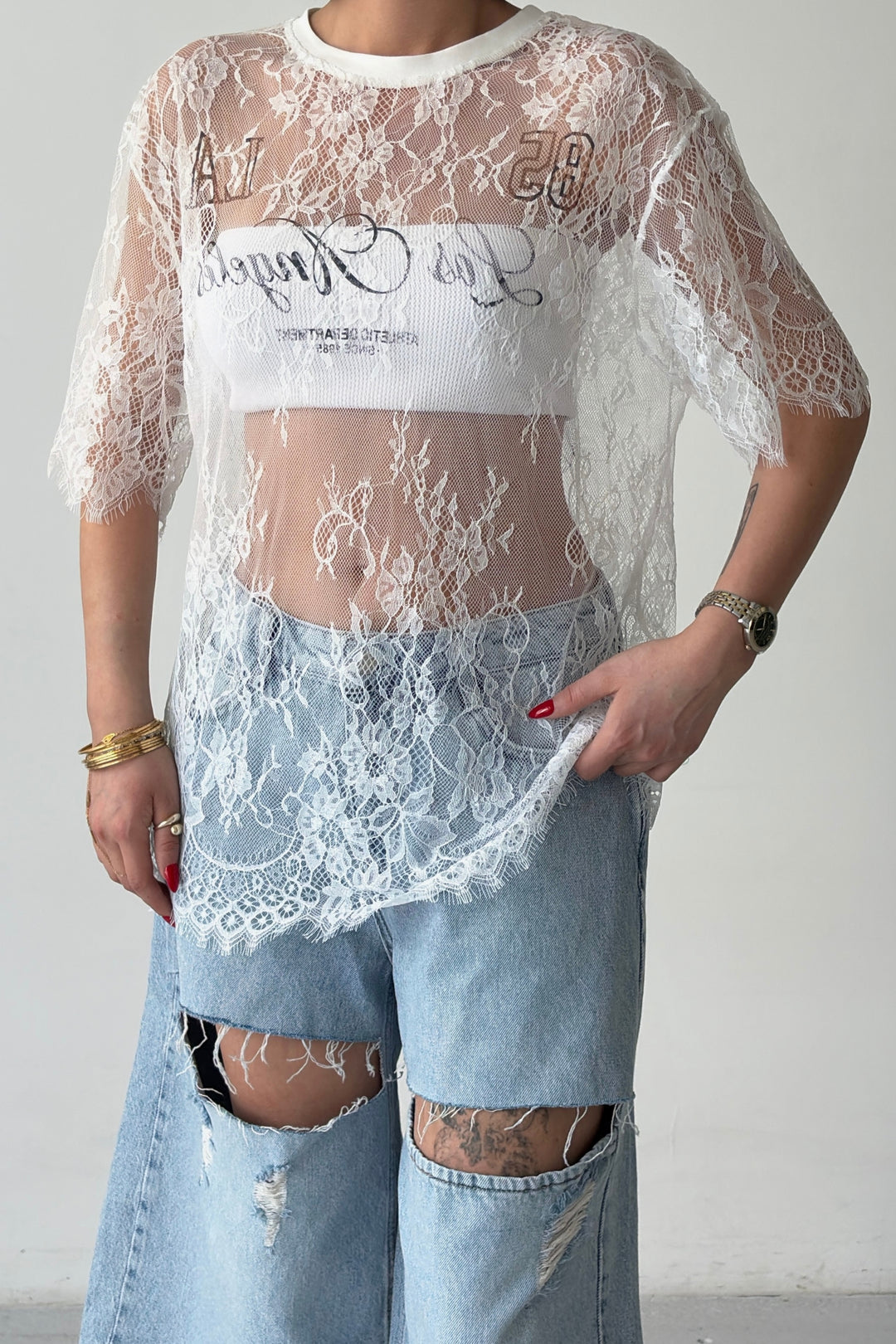 Routines Oversized Lace T-shirt - White 1098 - ROUTINES
