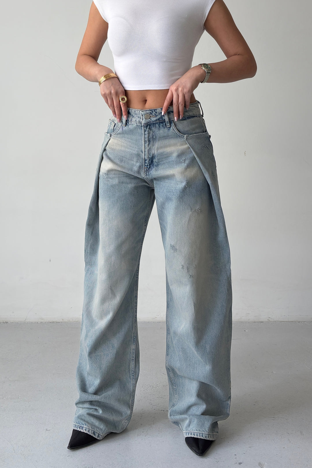 Routines Pleated Loose Jeans - Vintage Blue 4880 - ROUTINES