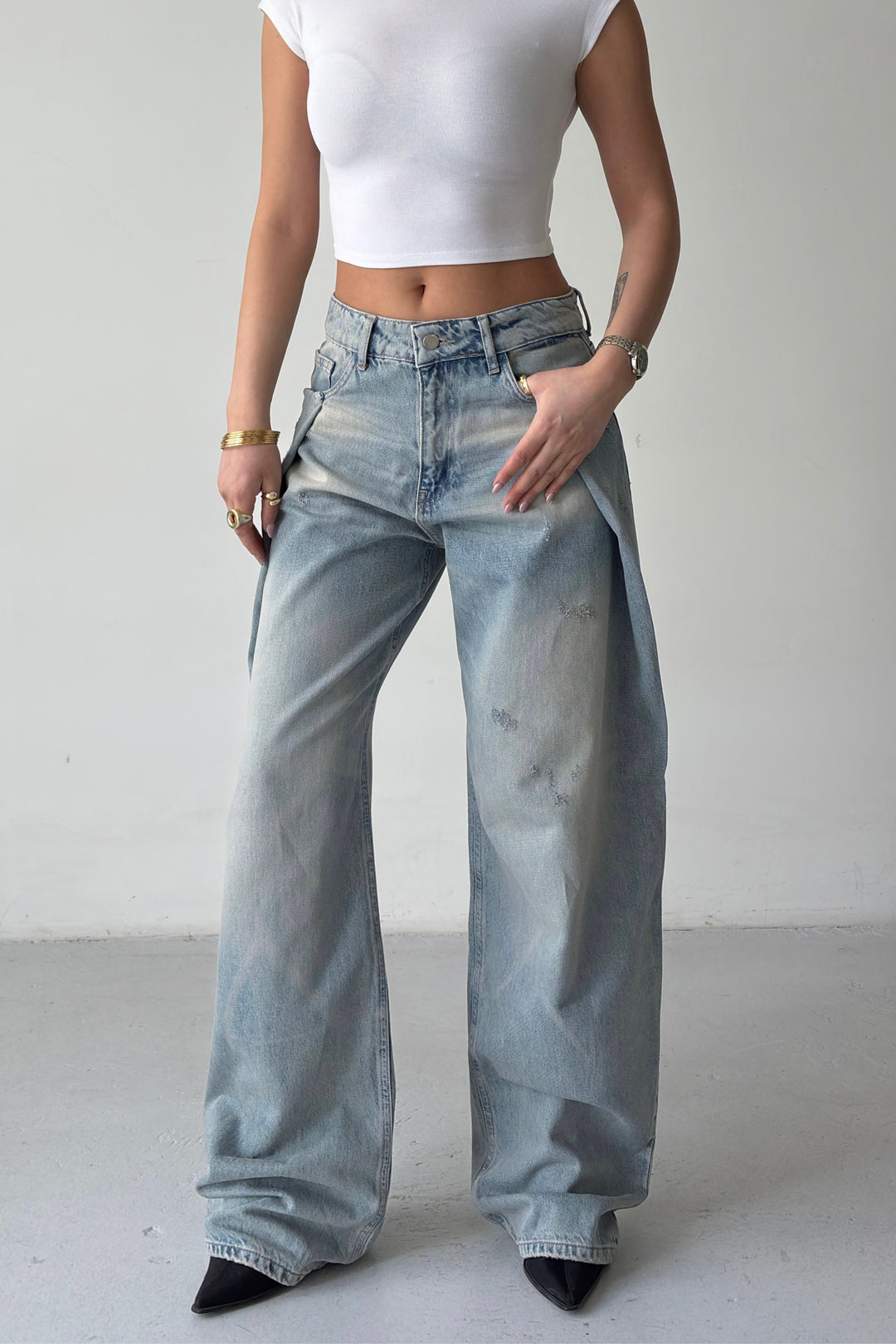 Routines Pleated Loose Jeans - Vintage Blue 4880 - ROUTINES