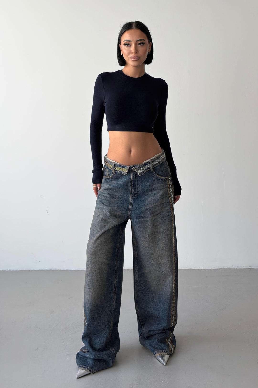 Routines Rhinestones Striped Folded Waist Jeans 2762 - ROUTINES