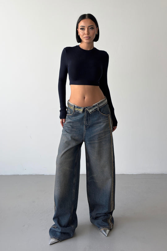 Routines Rhinestones Striped Folded Waist Jeans 2762 - ROUTINES
