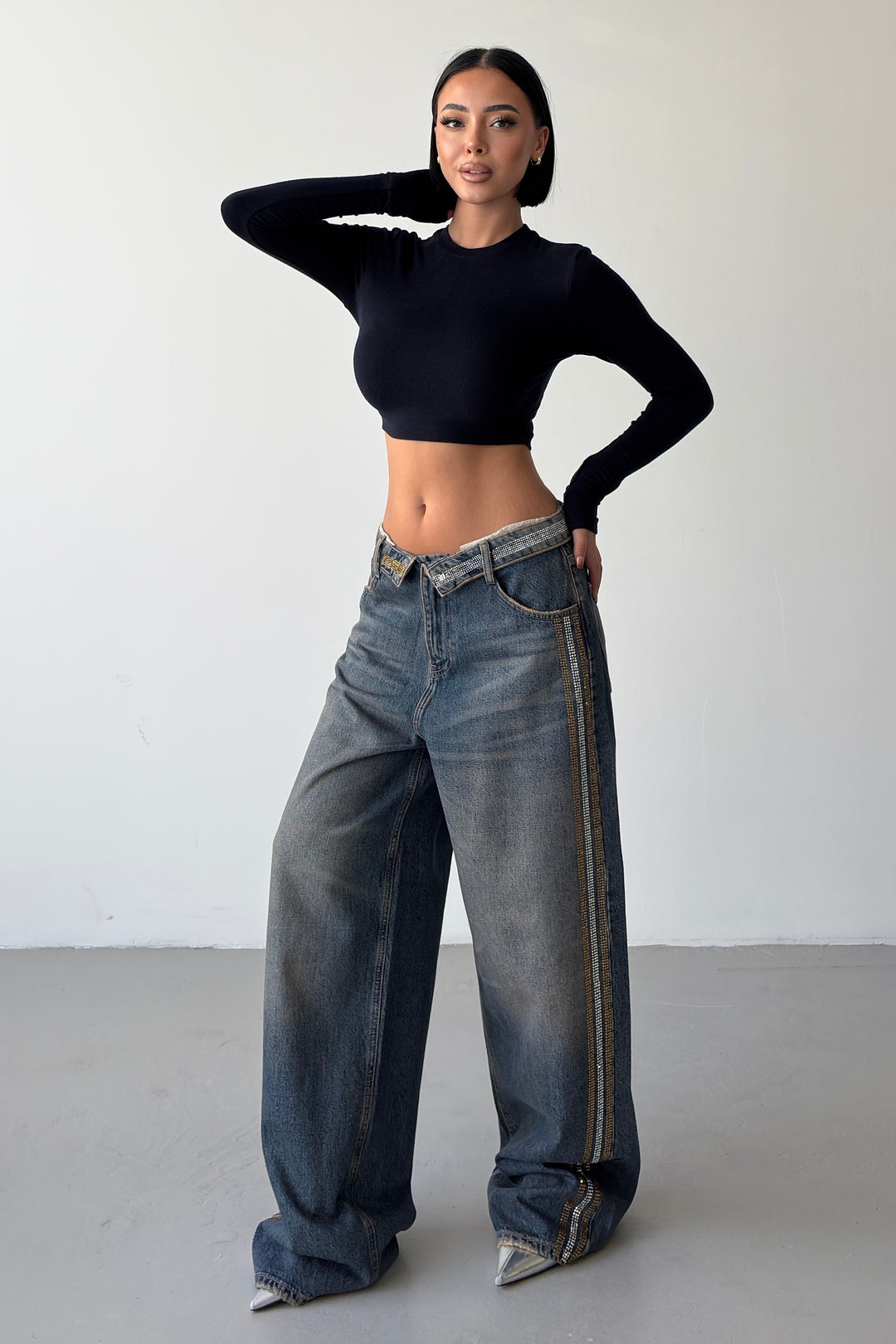 Routines Rhinestones Striped Folded Waist Jeans 2762 - ROUTINES