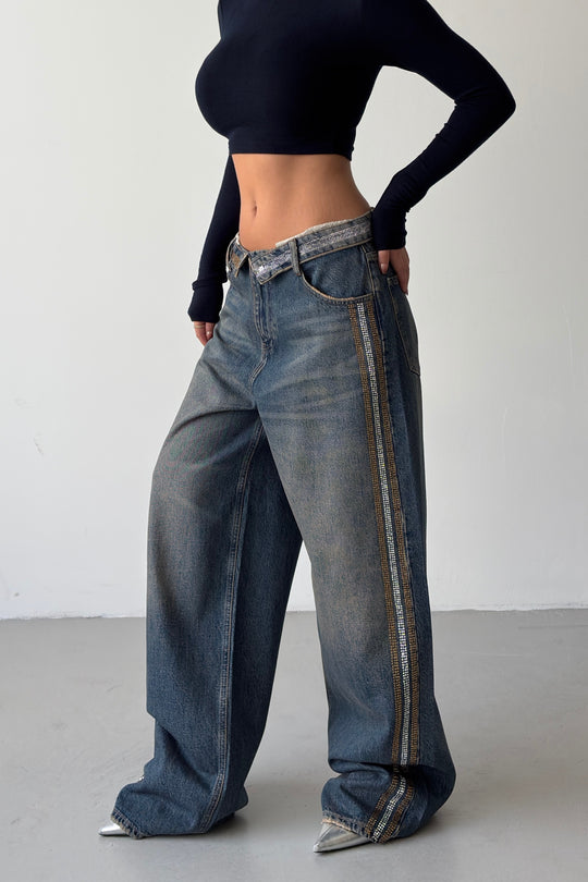 Routines Rhinestones Striped Folded Waist Jeans 2762 - ROUTINES