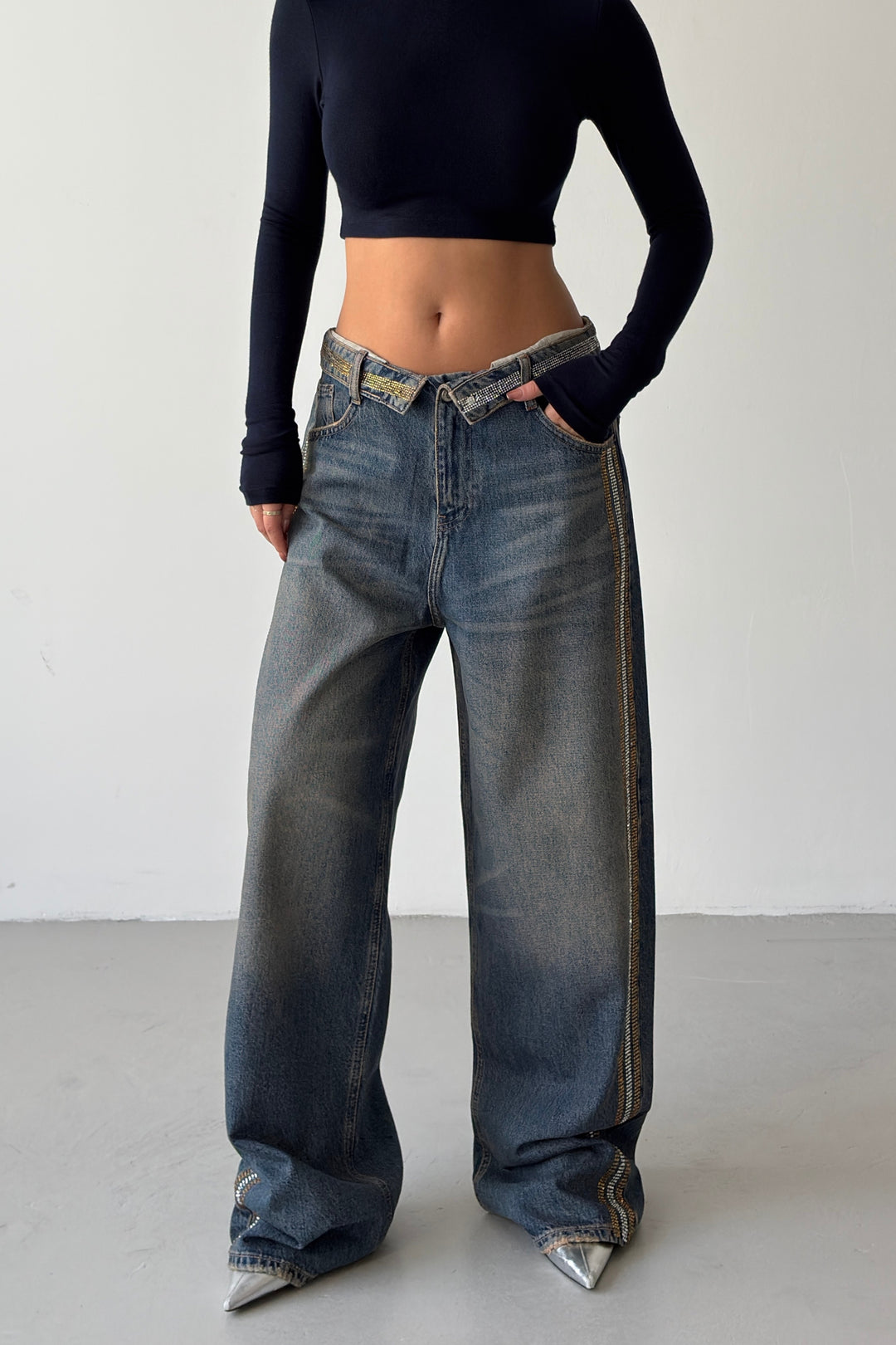 Routines Rhinestones Striped Folded Waist Jeans 2762 - ROUTINES