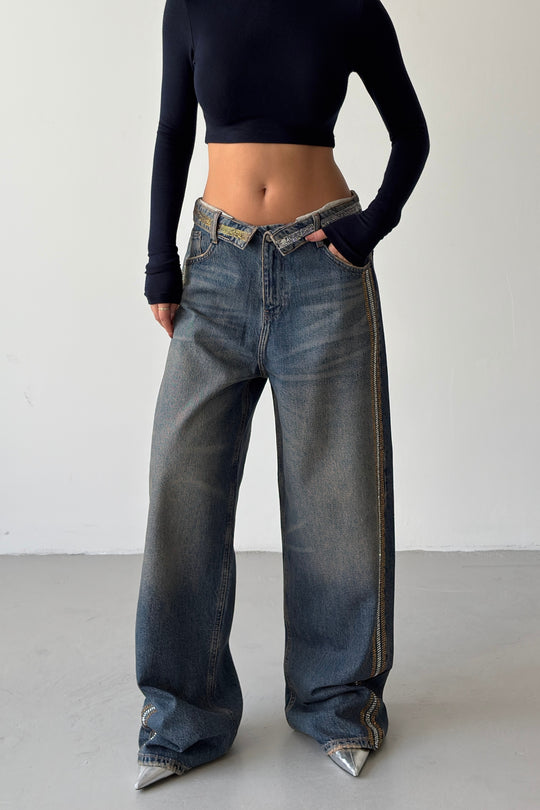 Routines Rhinestones Striped Folded Waist Jeans 2762 - ROUTINES