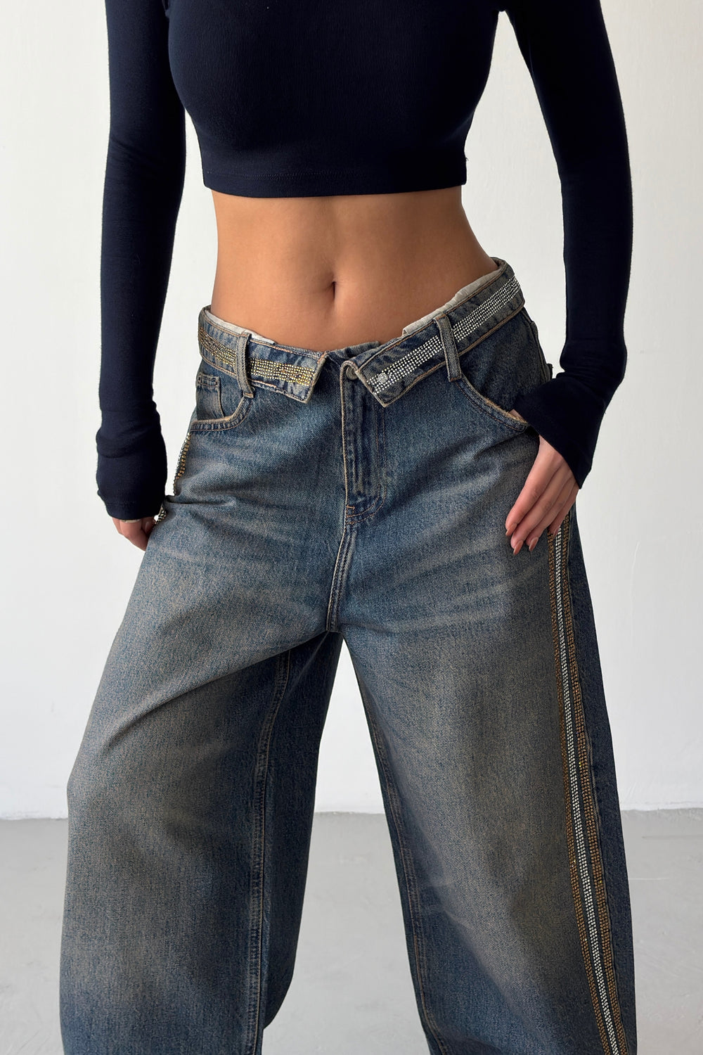 Routines Rhinestones Striped Folded Waist Jeans 2762 - ROUTINES