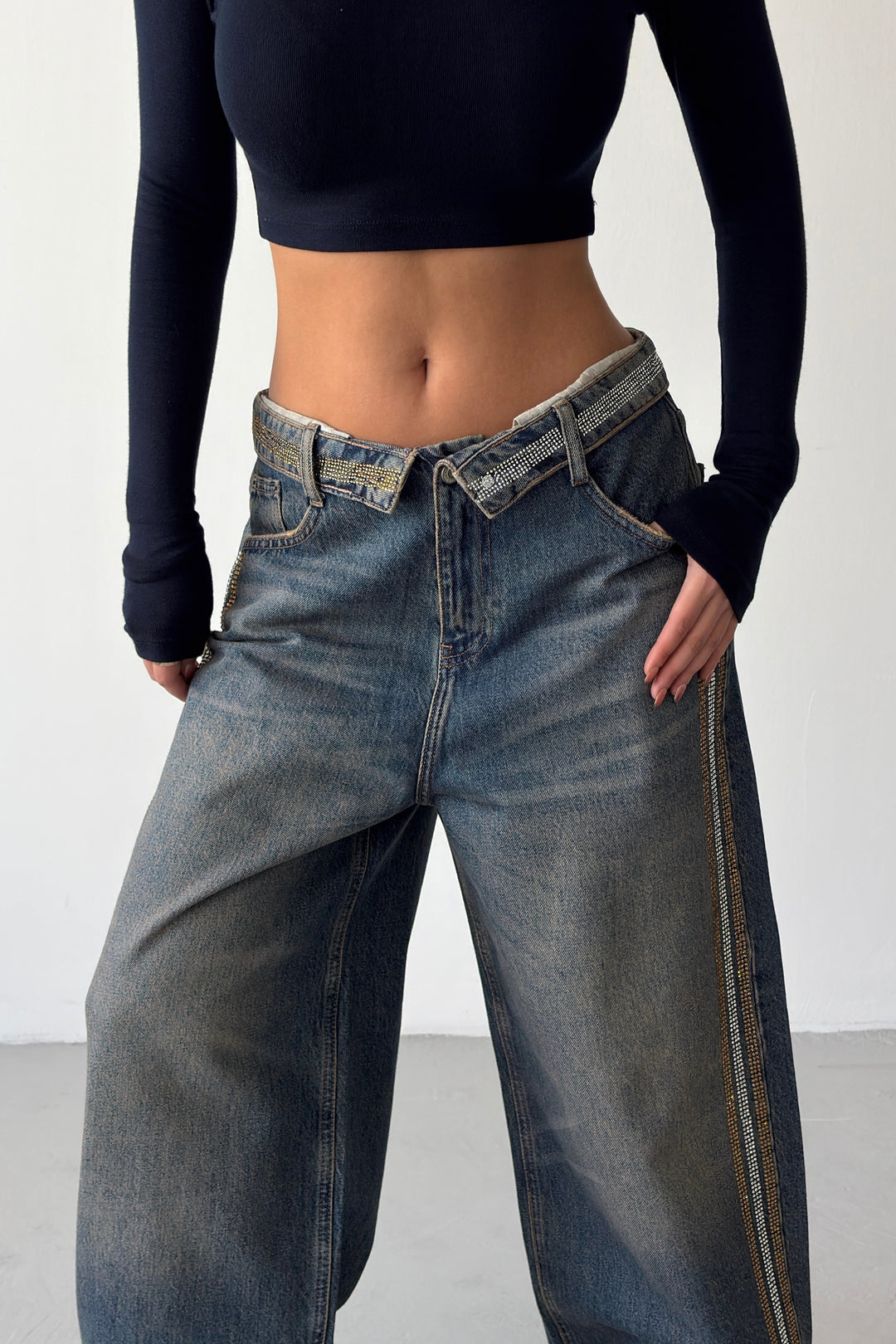 Routines Rhinestones Striped Folded Waist Jeans 2762 - ROUTINES