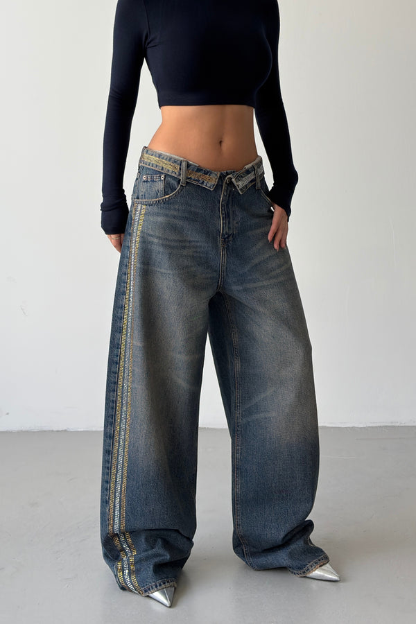 Routines Rhinestones Striped Folded Waist Jeans 2762 - ROUTINES