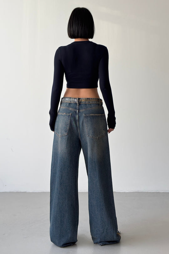 Routines Rhinestones Striped Folded Waist Jeans 2762 - ROUTINES
