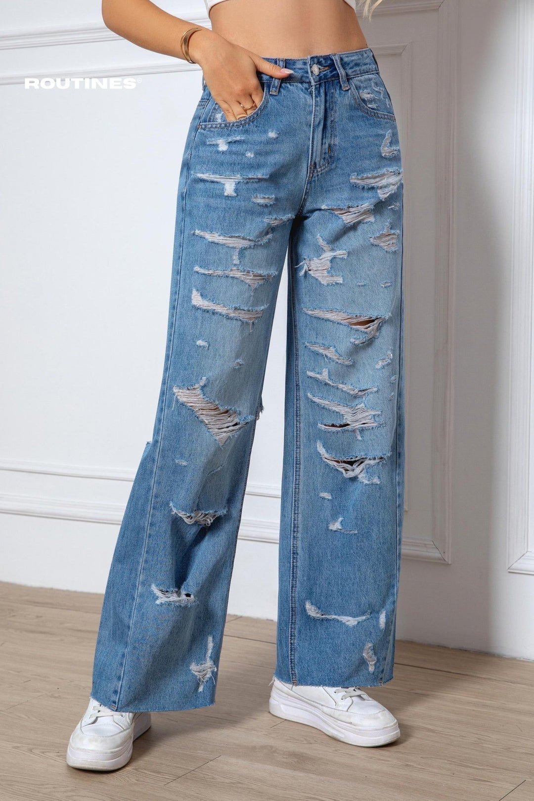 Routines Ripped All Over Straight Jeans - Blue 52 Jeans Routines Fashion