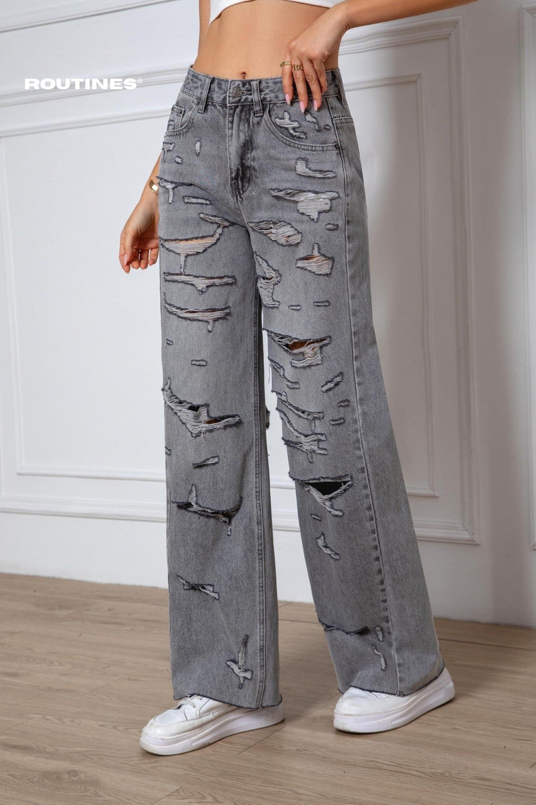 Routines Ripped All Over Straight Jeans - Grey 52-1 Jeans Routines Fashion