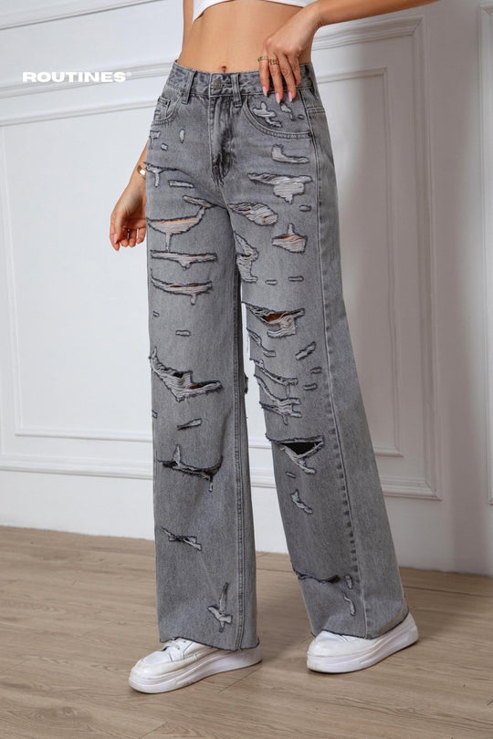 Routines Ripped All Over Straight Jeans - Grey 52-1 Jeans Routines Fashion