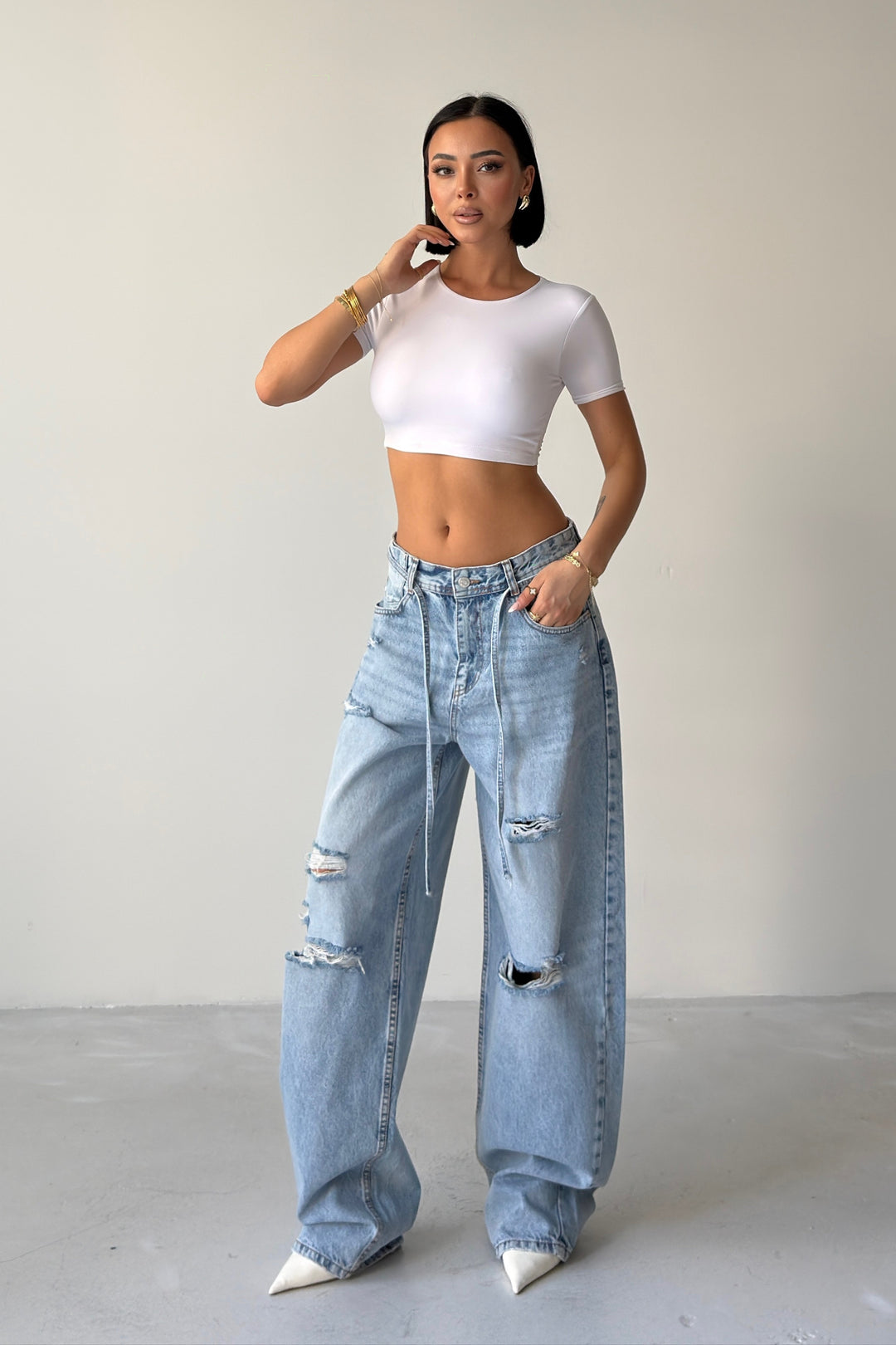 Routines Ripped Drawstring Baggy Jeans 1512-1