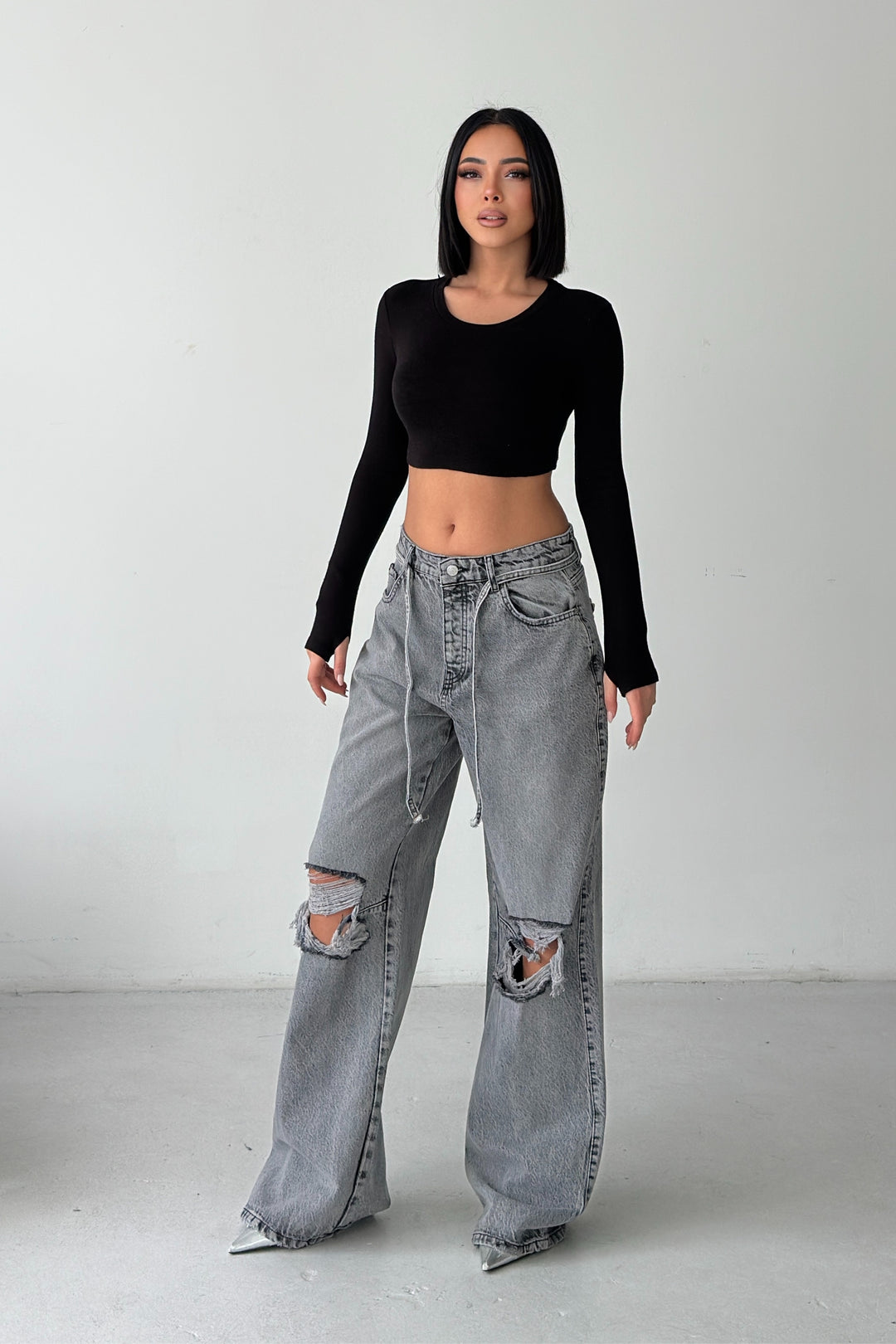 Routines Ripped Drawstring Jeans - Grey 1203-6 - ROUTINES