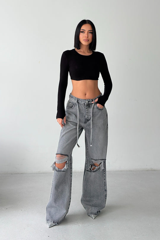 Routines Ripped Drawstring Jeans - Grey 1203-6 - ROUTINES