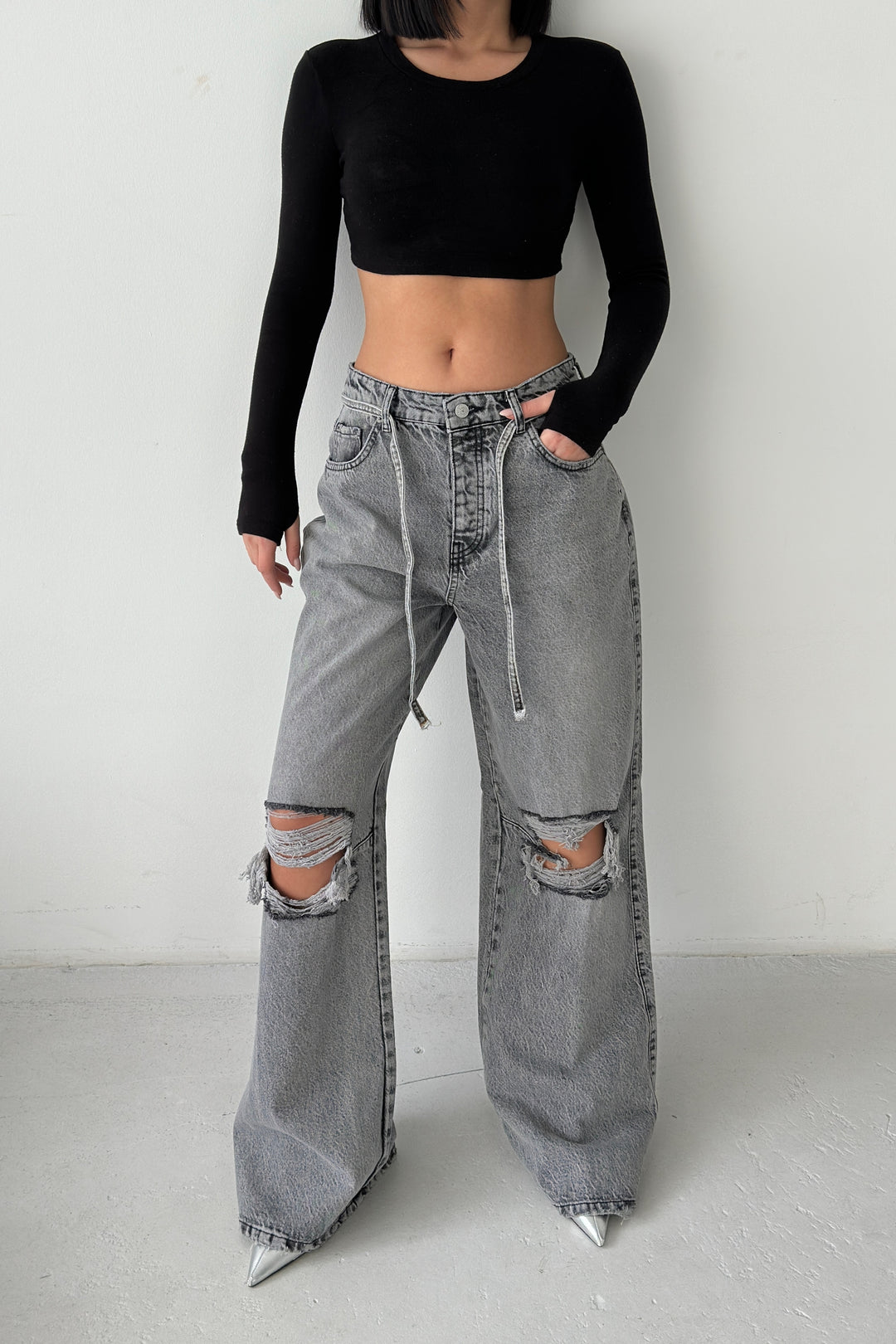 Routines Ripped Drawstring Jeans - Grey 1203-6 Jeans Routines Fashion