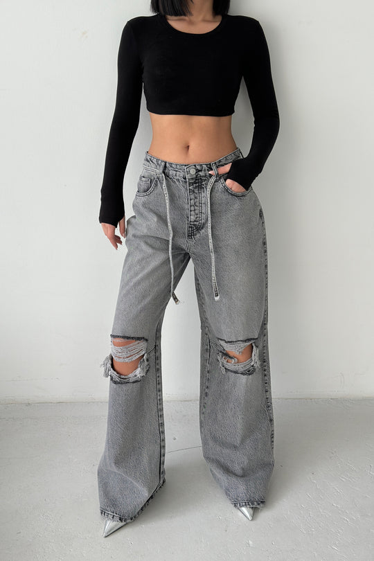 Routines Ripped Drawstring Jeans - Grey 1203-6 - ROUTINES