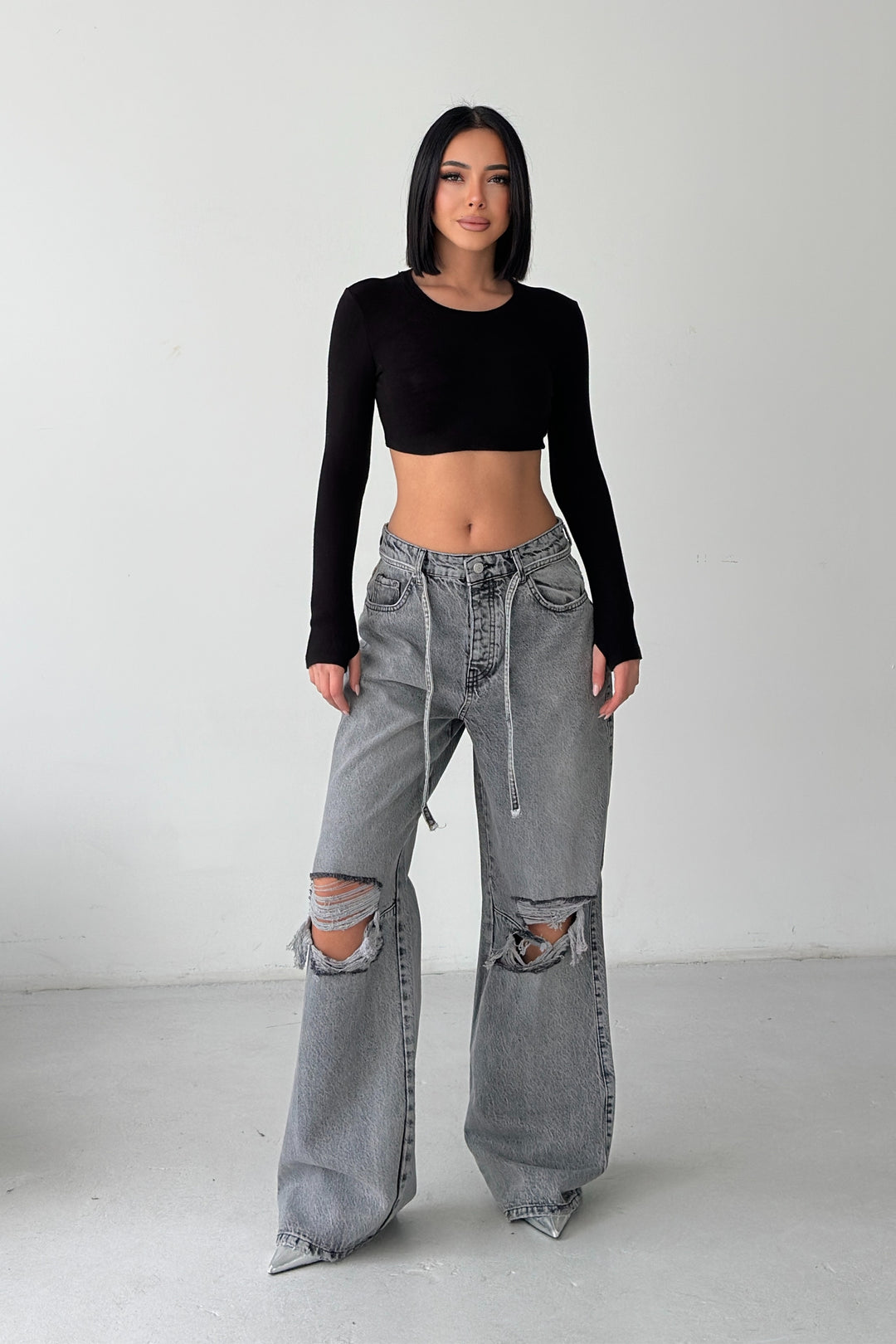 Routines Ripped Drawstring Jeans - Grey 1203-6 - ROUTINES