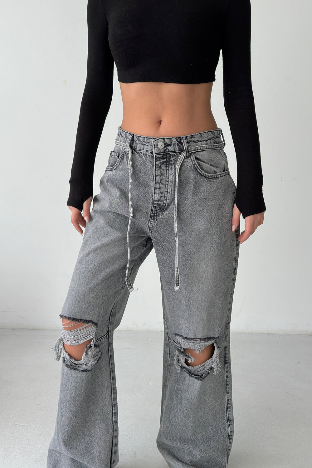 Routines Ripped Drawstring Jeans - Grey 1203-6 Jeans Routines Fashion