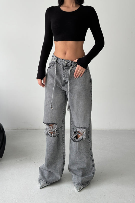 Routines Ripped Drawstring Jeans - Grey 1203-6 - ROUTINES